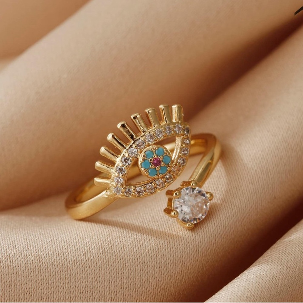 18K Gold Cubic Zirconia Evil Eye Design Ring with Crystal Accent - Picture 4 of 4